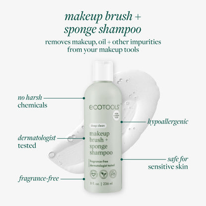 EcoTools Makeup Brush + Sponge Shampoo Cleanser, Deep Clean, Sulfate-Free, Fragrance-Free Brush Cleaner for Makeup Sponges & Tools, Vegan & Cruelty-Free, 8 fl. oz